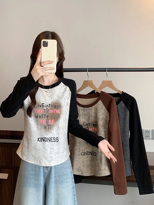 

plus Size Women's Long Sve T-irt Color Blo Print Letter Insert oulder Inner Wear Unique And Sli Commute Sle