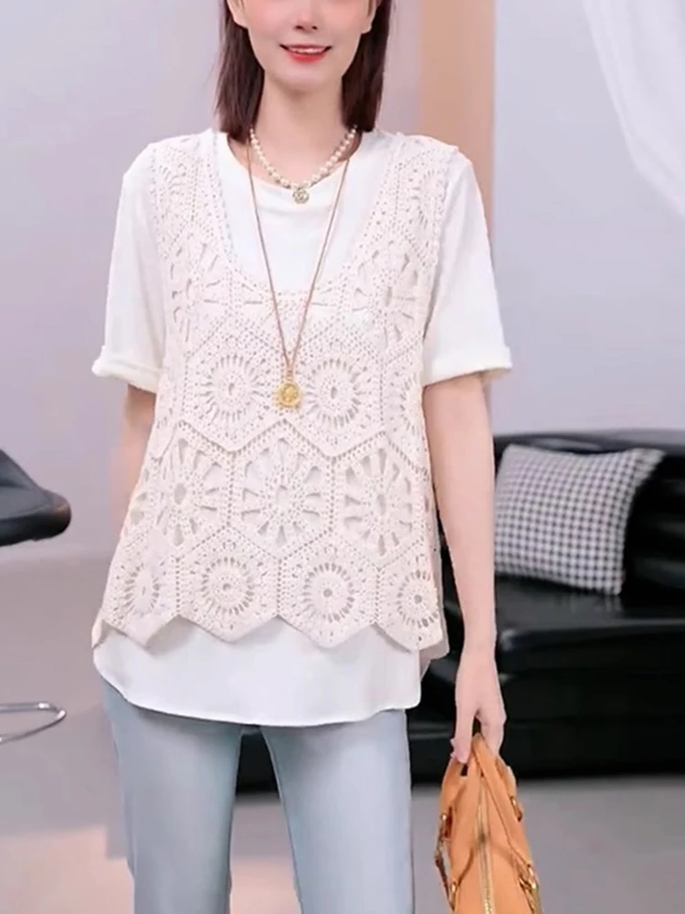 

Модный комплект из топа с ажурным цветочным узором и футболки, уникальный универсальный комплект из двух предметов для лета.