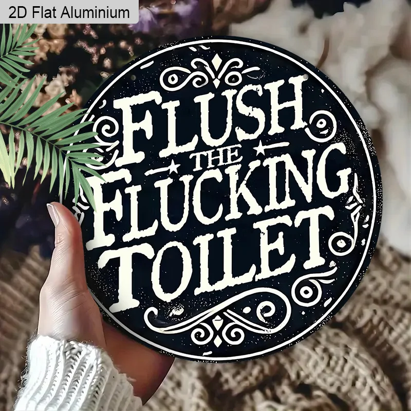 1PC round Aluminum 2D Flat Wall Decor Funny Toilet Logo Art Sign Black White Retro Flush the Toilet Theme for Bathroom