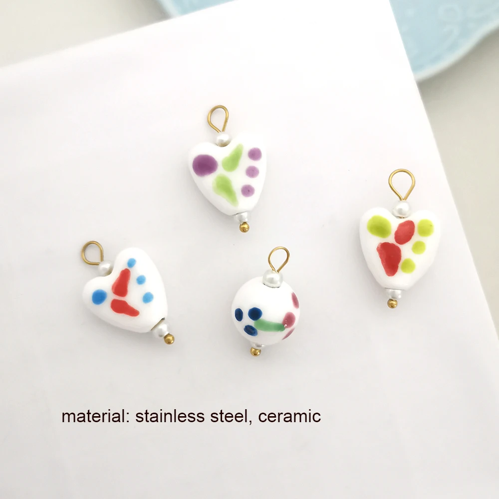 1pc QMHJE Ceramics Glass Pendant Charm Heart Flower Fish Cherry Handmade DIY Butterfly Necklace Stainless Steel Wholesale