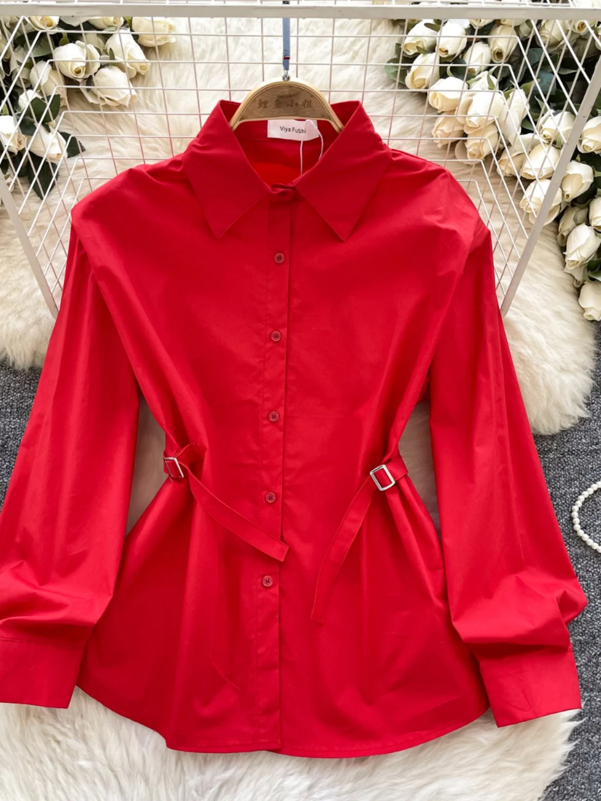 

Hong Kong Sle Versatile Long Sve irt Women's Korean Faion Casual Turn-down Collar Button Waist-cinching Top Spring Wear