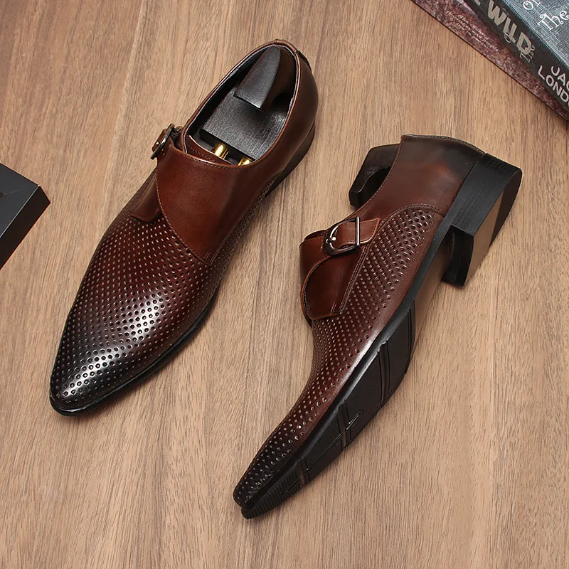 Men S Genuine Full Grain Leather Pointed Toe Breathable Cutout Summer Spring Business Formal Leather Shoes British Style