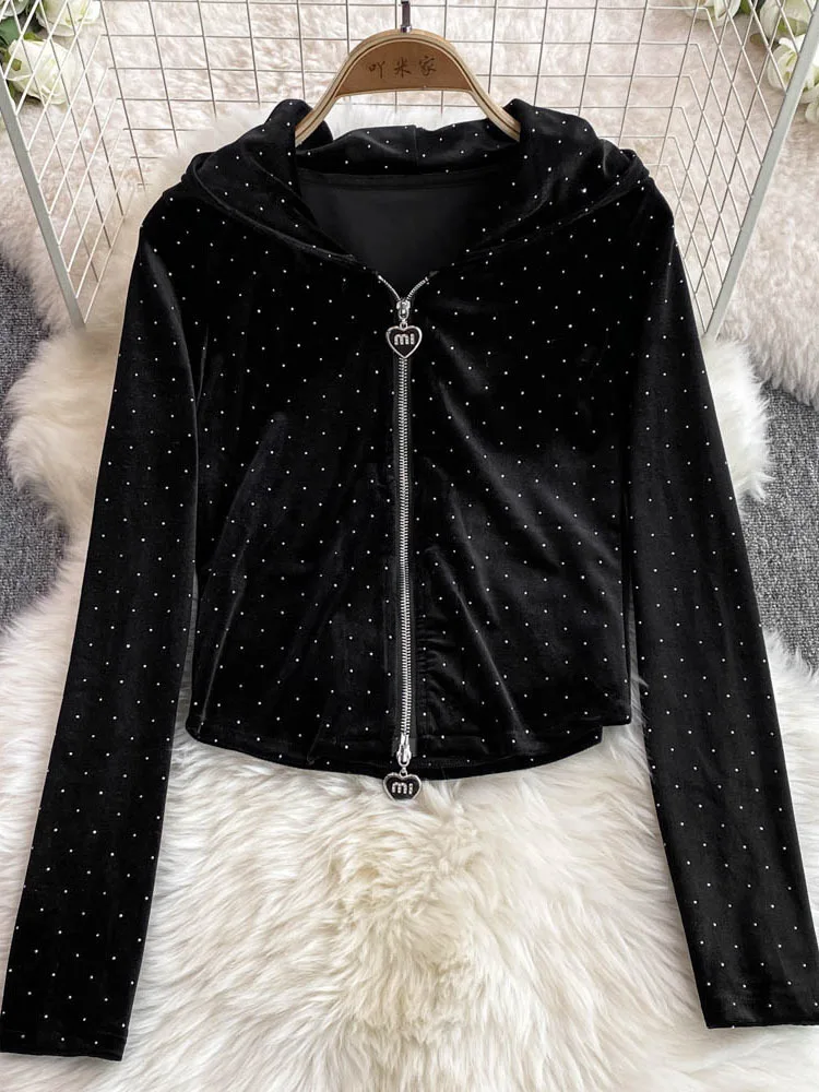 Fashion suit velvet hooded zipper cardigan jacket with high waist heavy industry diamond casual straight leg mop pants