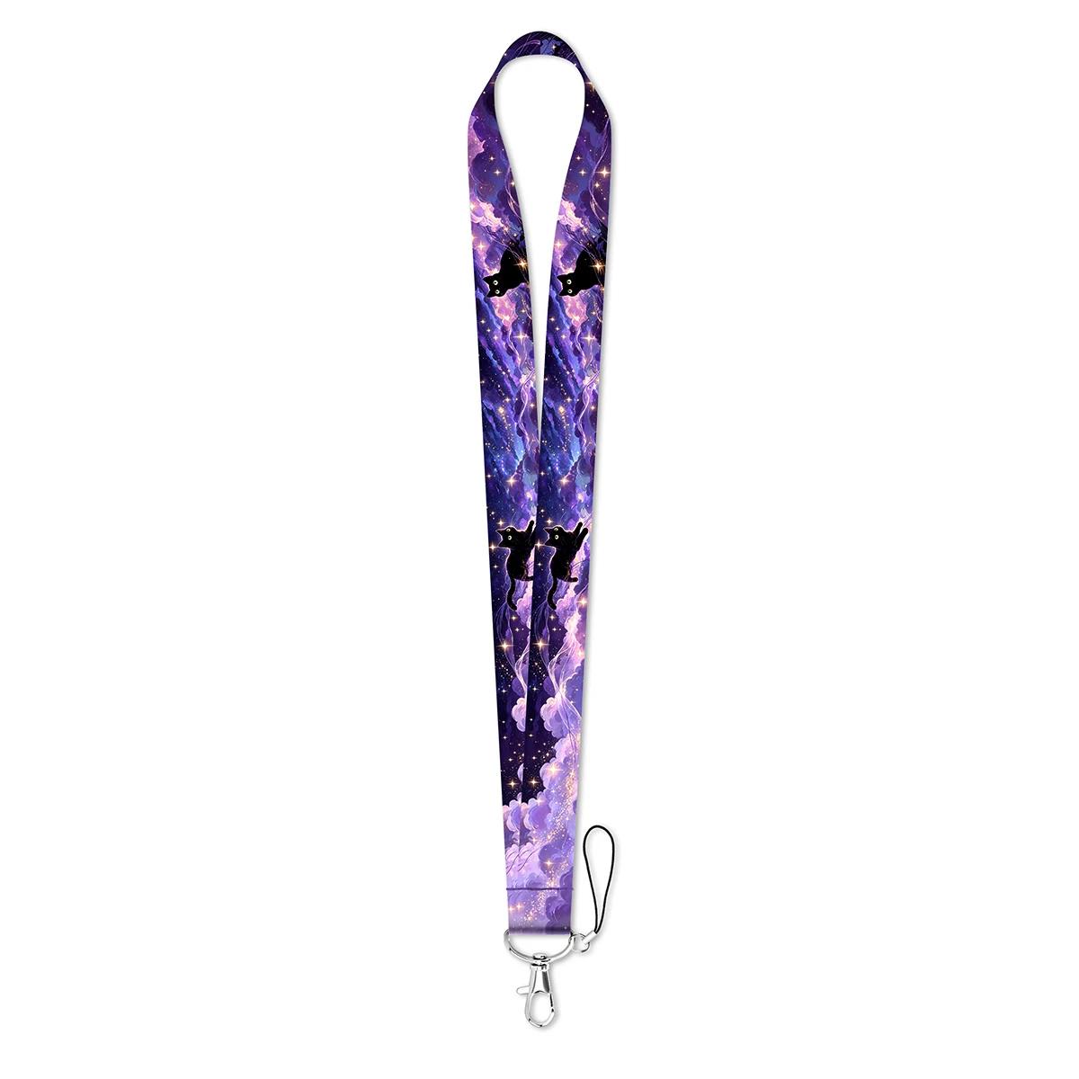 Purple Starry Sky Black Cat ID Badge Holder With Lanyard Cloud Star Pattern Card Sleeve Student Work Credential Protector
