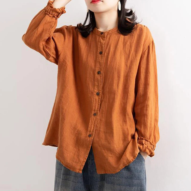 MEXZT Vintage Harajuku Cotton Linen Long Sleeve Women Shirts Fall Casual Korean Loose Office Lady O-Neck Top Solid Blouses New