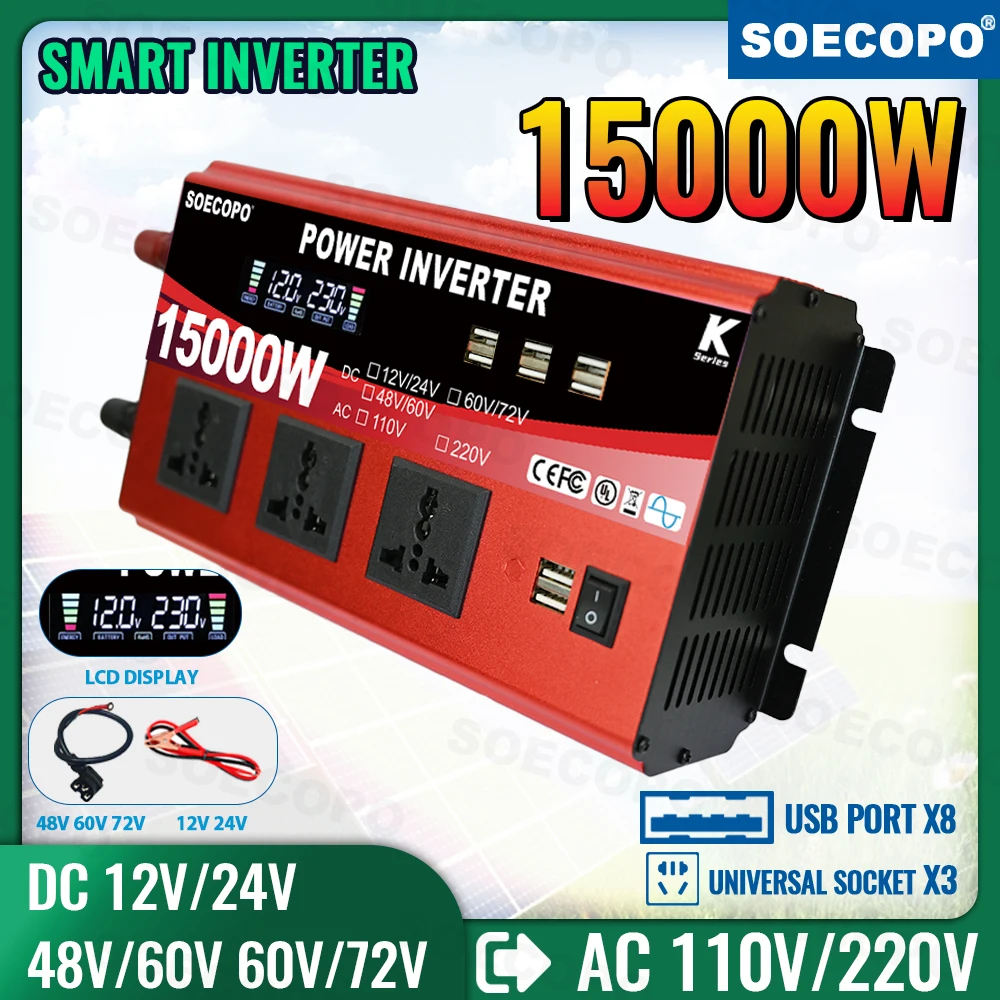

SOECOPO 15000W Smart Solar Inverter 8 USB Ports 3 Universal Sockets Dual Voltage Input DC to AC 110/220V Camping Home RV CE/FCC