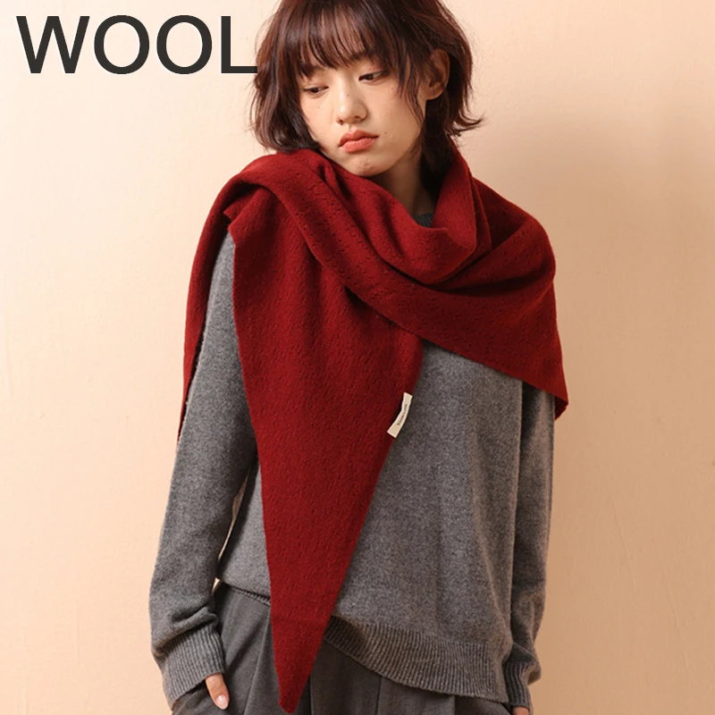 

100% Wool Knitted Triangle Scarf Women's Autumn Winter Warm Neck Protection Scarf Shawl Wrap Decorative Scarves Poncho Stoles