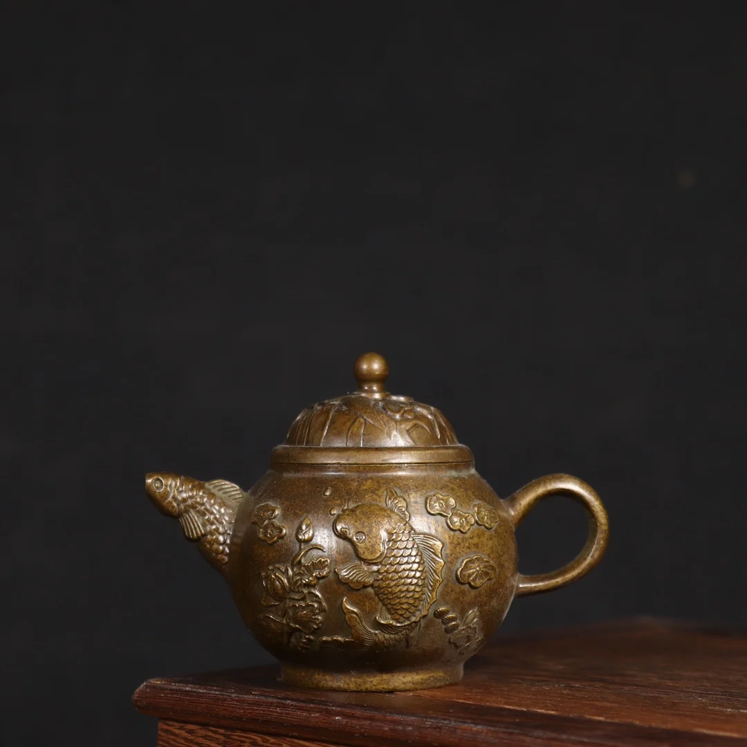 Traditional Yearly Fish Teapot - Exquisite Pure Copper Decorative Home Ornament, High-Quality Craftsmanship Tea Table Piece