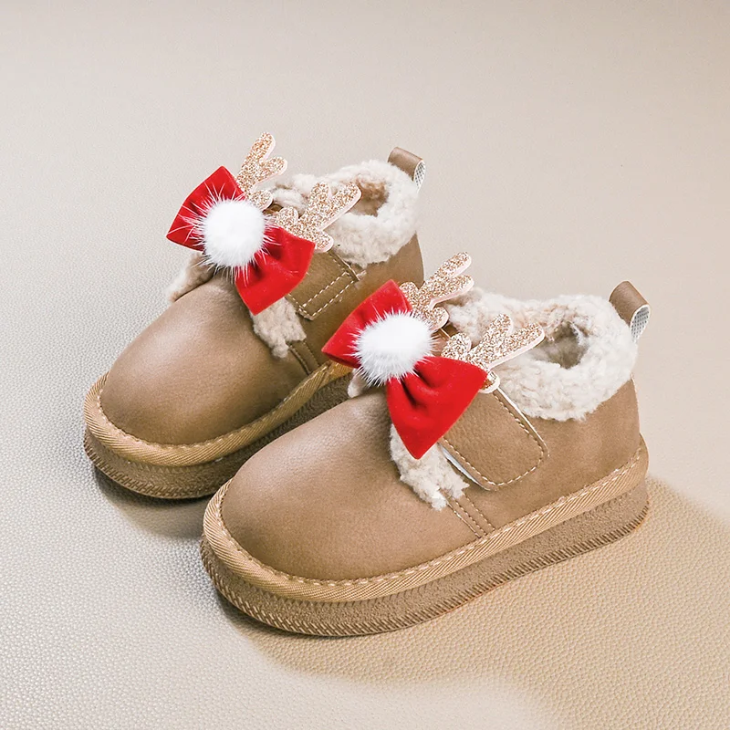

Children Winter Plush Shoes Christmas New Year Party Kids Warm Cotton Shoes Cute Hairball Little Girls Causal Shoes Thick Bottom