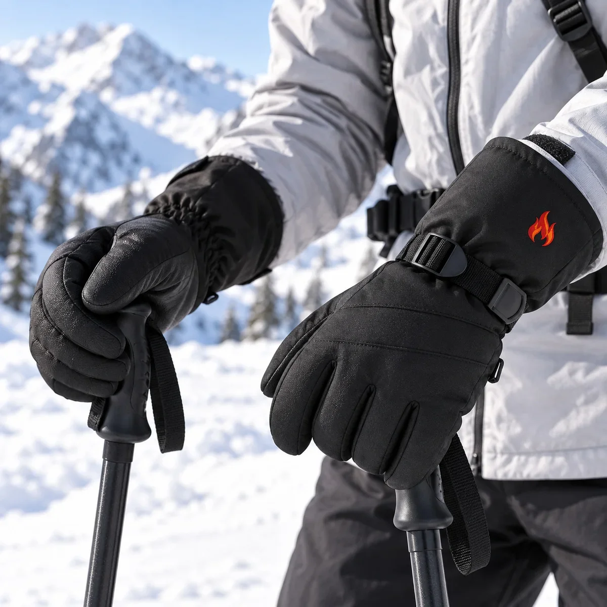 Black Flame Pattern Waterproof Ski Gloves One Size Thermal Full Finger Design Winter Snowboarding Hand Protection Outdoor Sports