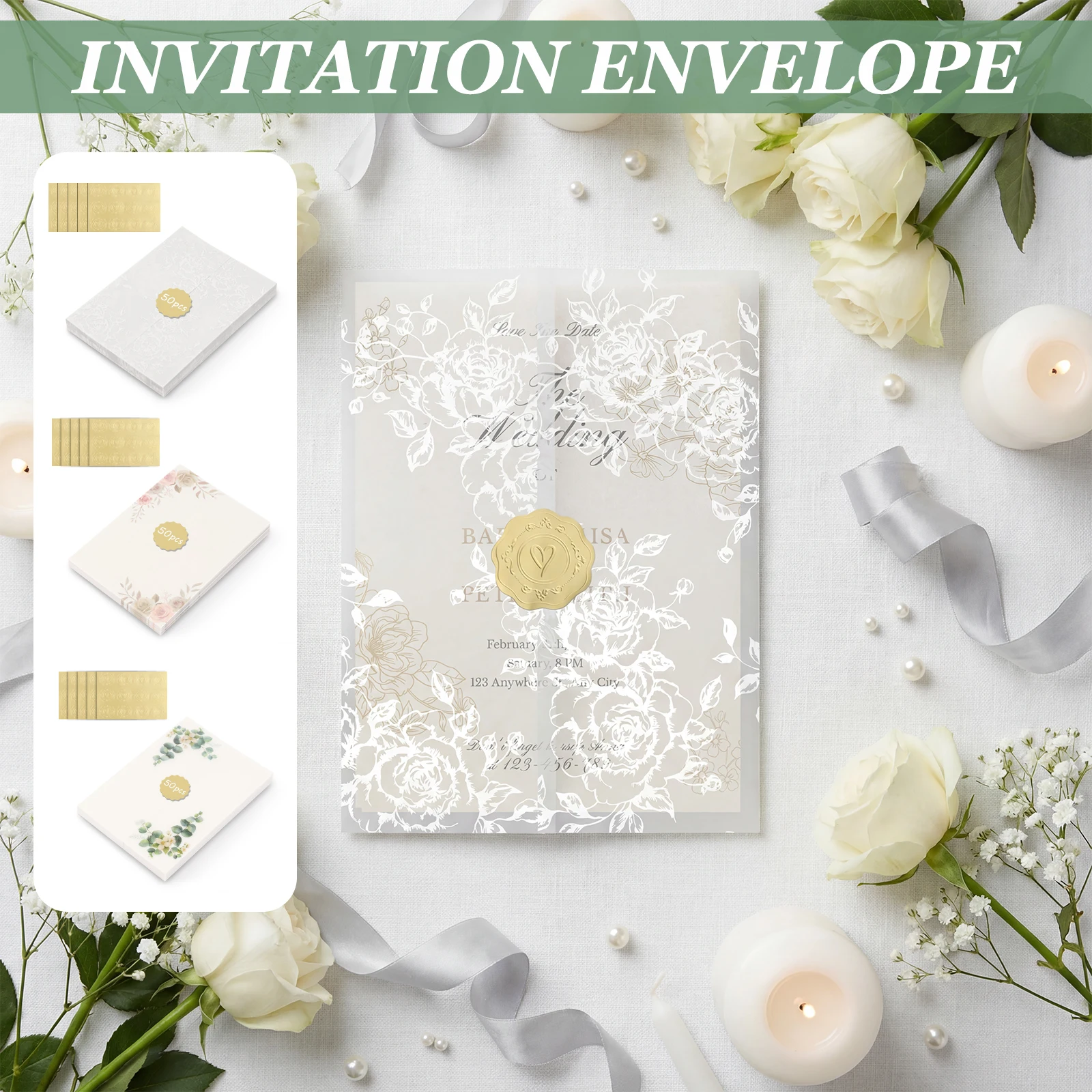 

Набор из 50 листов веллум-бумаги для свадебных приглашений, 5x7 дюймов, предварительно сложенные веллум-конверты/обложки для приглашений с наклейками для запечатывания