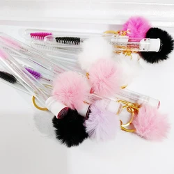 10Pcs Tube Eyelash Eyebrow Brush With Gold Keychain Fur Ball Glitter Mascara Wand For Lash Extension  Makeup Tool