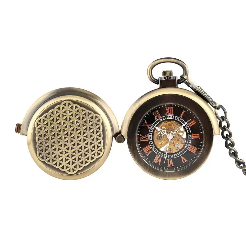 Large Size Bronze Pocket Watch Handwinding Mechanical Clock Roman Number Dial with Alloy Pendant Chain reloj