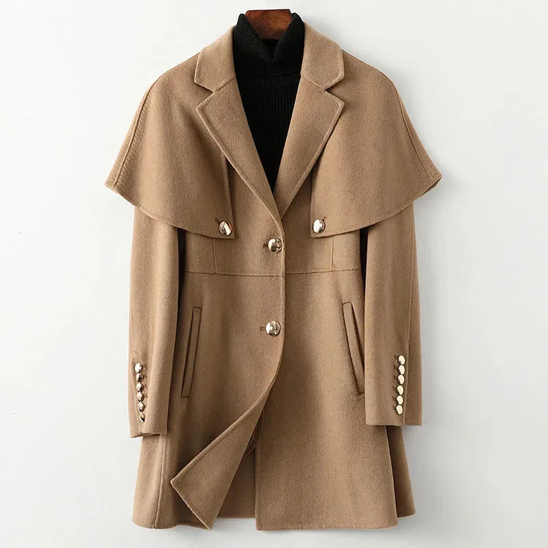 

New Women's Cape Shawl Wool Jacket Spring Autumn Suit Collar Fashion Long Woolen Coat Female Casual Trench Coat Office Clothing