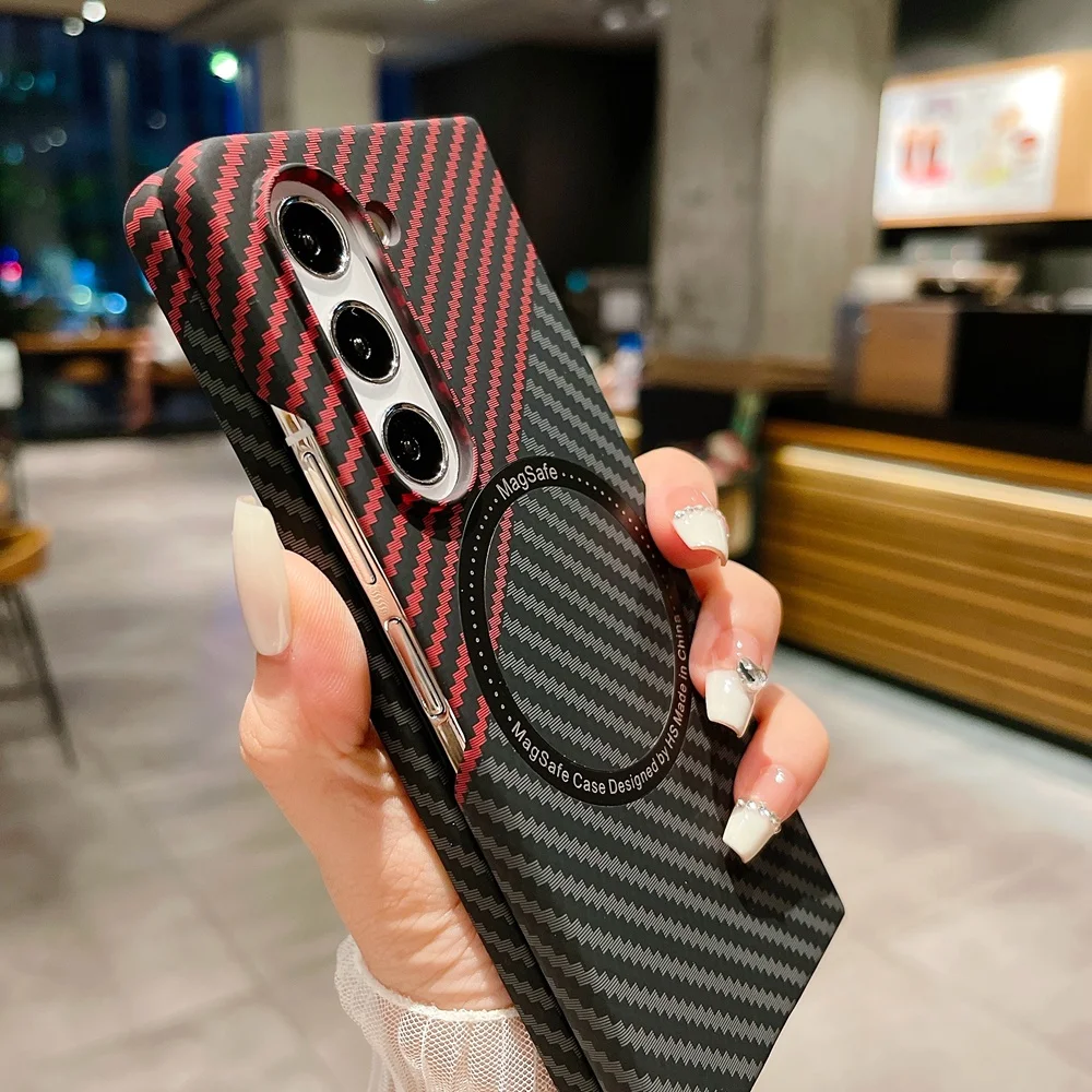 Carbon Fiber Pattern Magsafe Phone Case For Samsung Galaxy Z Fold 6 5 4 3 Slim Hard PC Cover