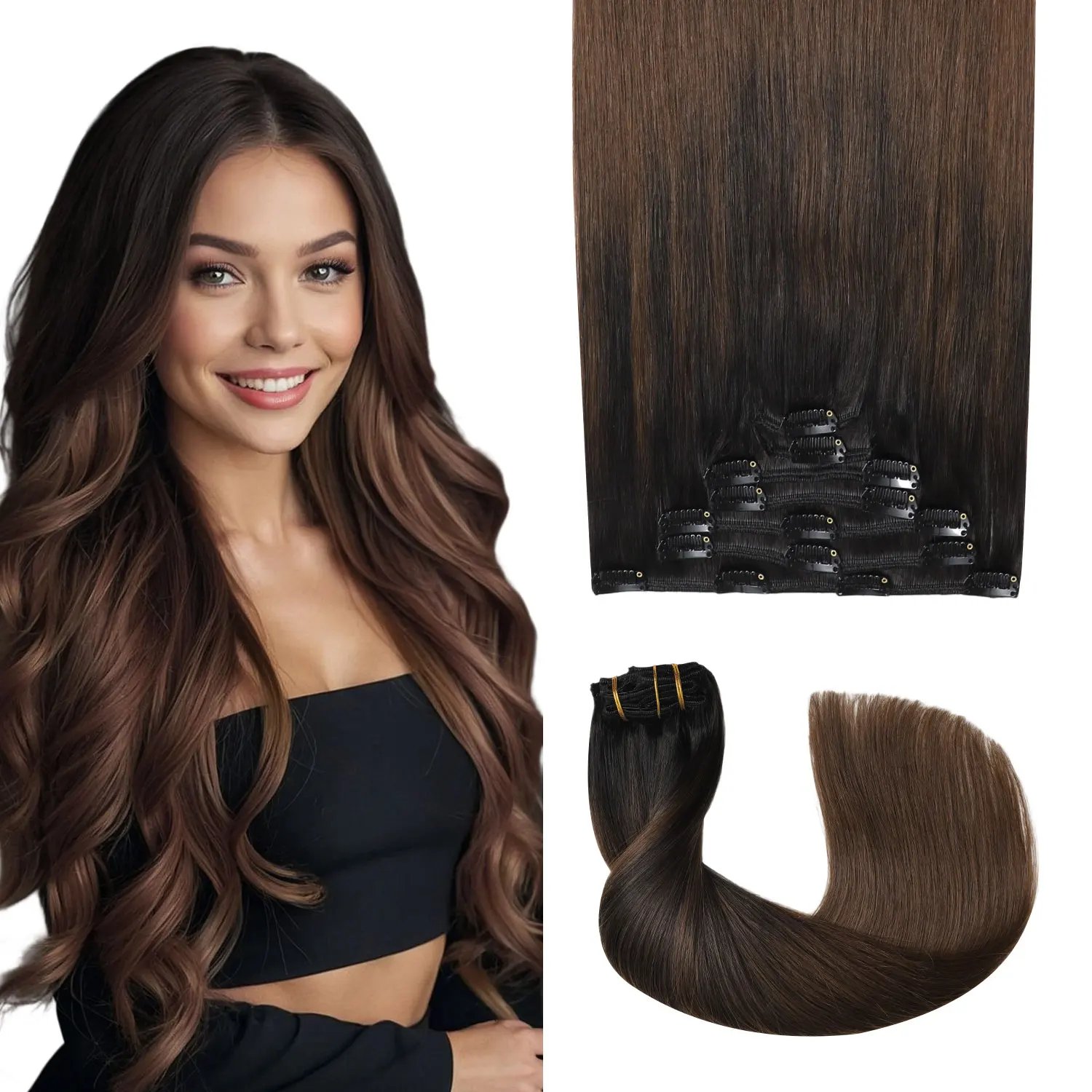 Sweetmet Pro2.0 Clip-in Hair Extensions 120g Thick 7pcs #1BT4 Natural Black to Middle Brown Remy Human Hair Seamless Double Weft for Women