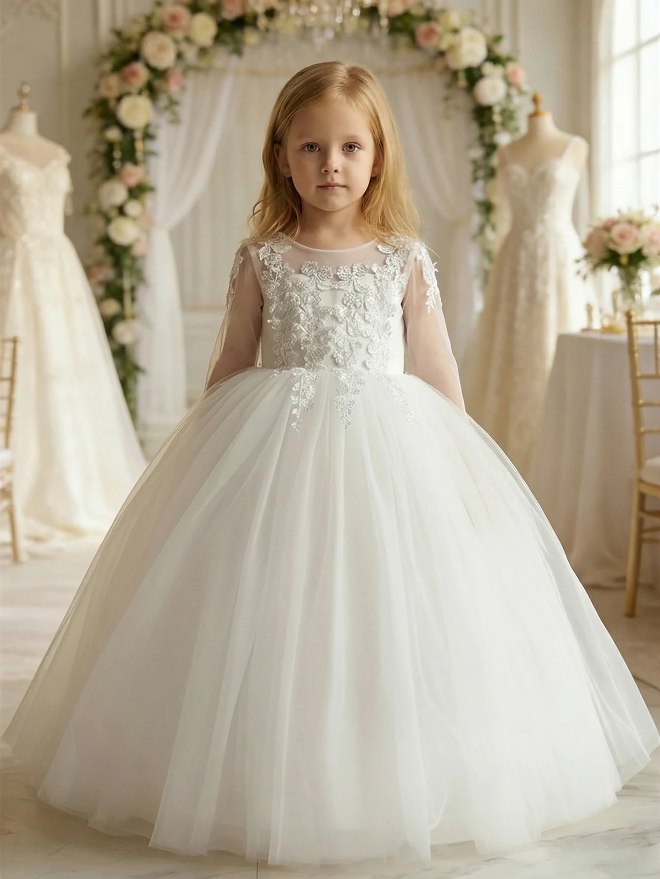 Girls' White Lace Long-Sleeve Flower Girl Dress  Kids' High-End Tulle Princess Gown  Perfect for Birthdays Performances & Hostin