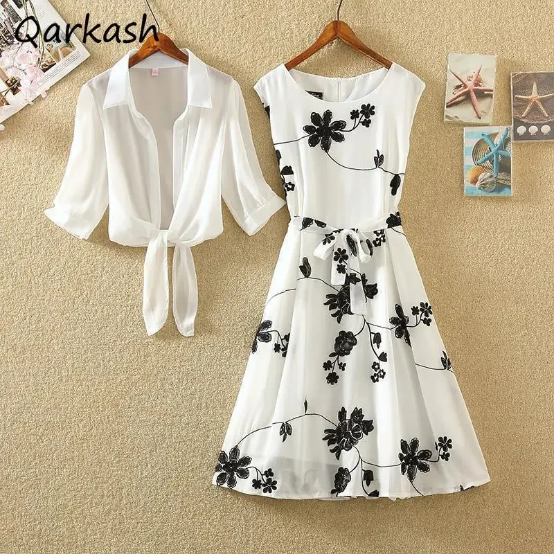 

Комплекты платьев, женские винтажные элегантные цветочные вышивки, 2 предмета, юбка трапециевидной формы без рукавов, белый топ, уличная одежда, офисная женская летняя шикарная юбка