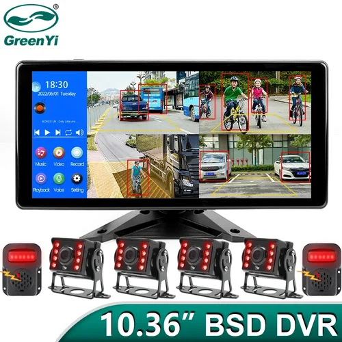 Monitor grabador DVR para coche, 10,36 pulgadas, 4 canales, Radar de punto ciego inteligente, alarma BSD, camión, autobús, con 4 Uds., cámara IR AHD 1080P