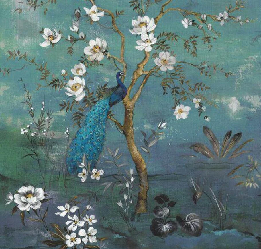 American style custom mural living room bedroom background wall wallpaper modern Chinese peacock flower bird background wall