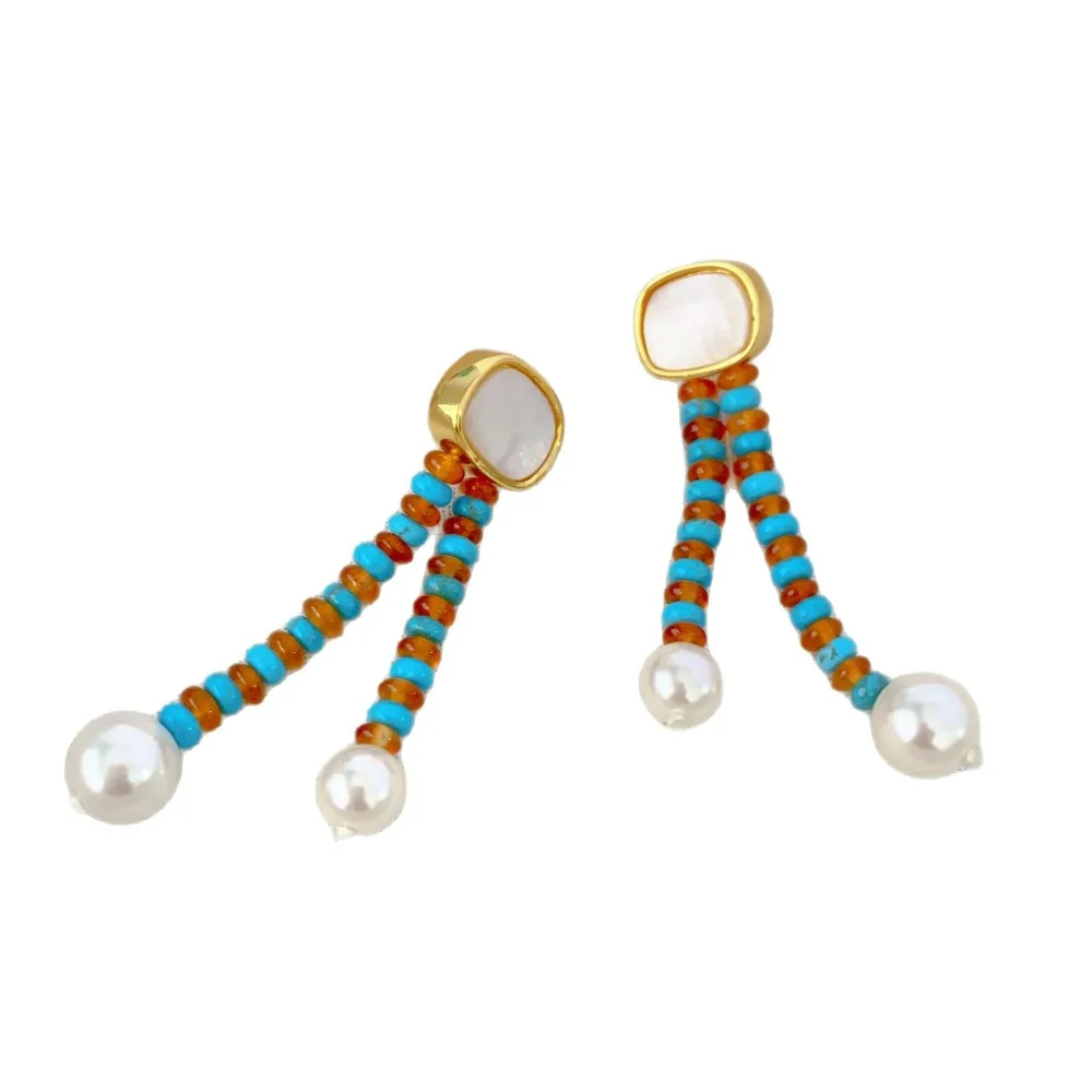 French Retro New Fashion Red Blue Stone Tassel Earring Copper Temperament Personality White Butterfly Shell Earrings for Women
