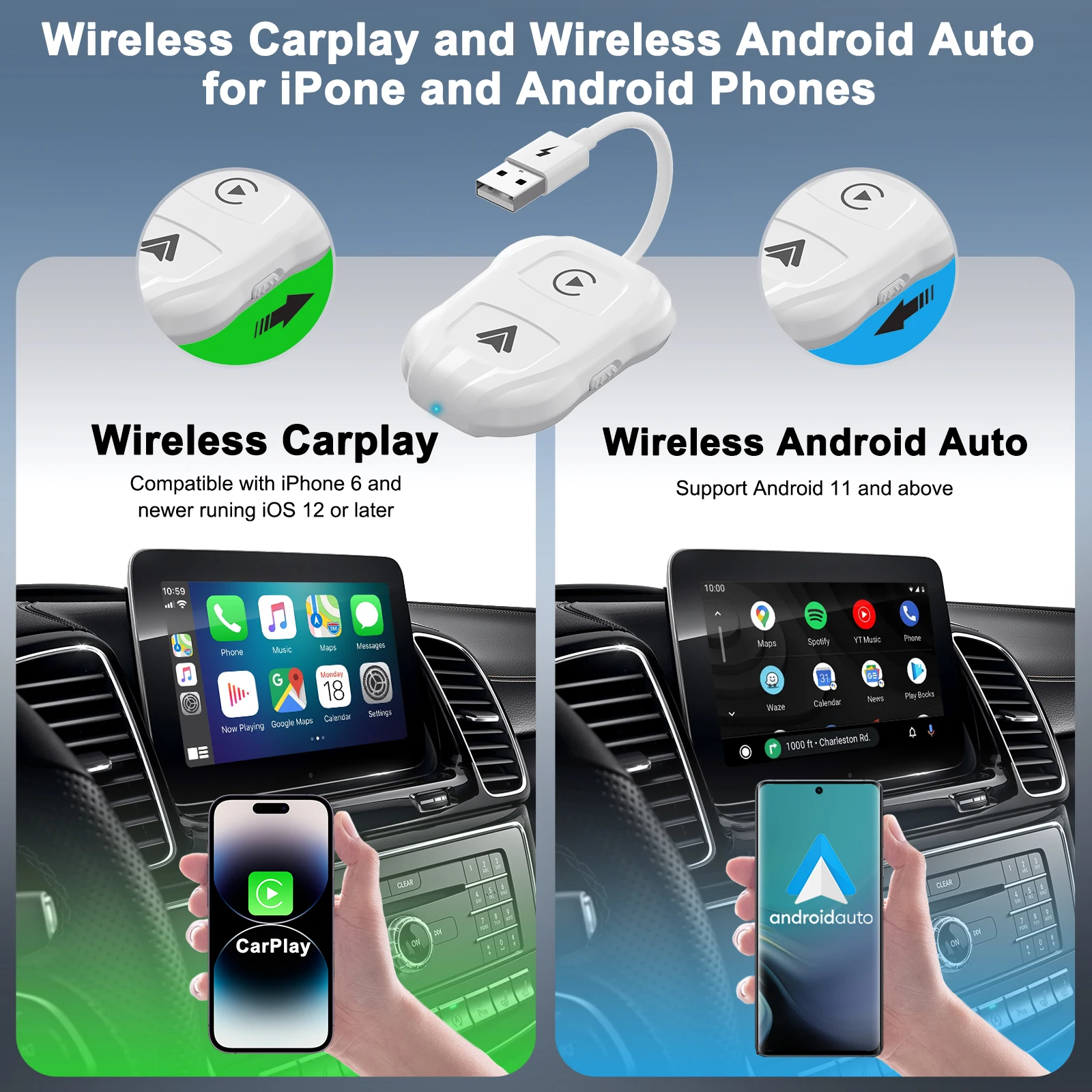 2-in-1 Wireless CarPlay Adapter for Android/Apple Wired To CarPlay Wireless Car Adapter WiFi Dongle Plug and Play USB Connected