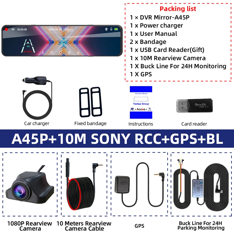 4K Achteruitkijkspiegel Rijden Recorder HD Nachtzicht Loop Recording Dash Cam Optioneel Achteruitrijcamera Achteruitrijcamera Auto DVR