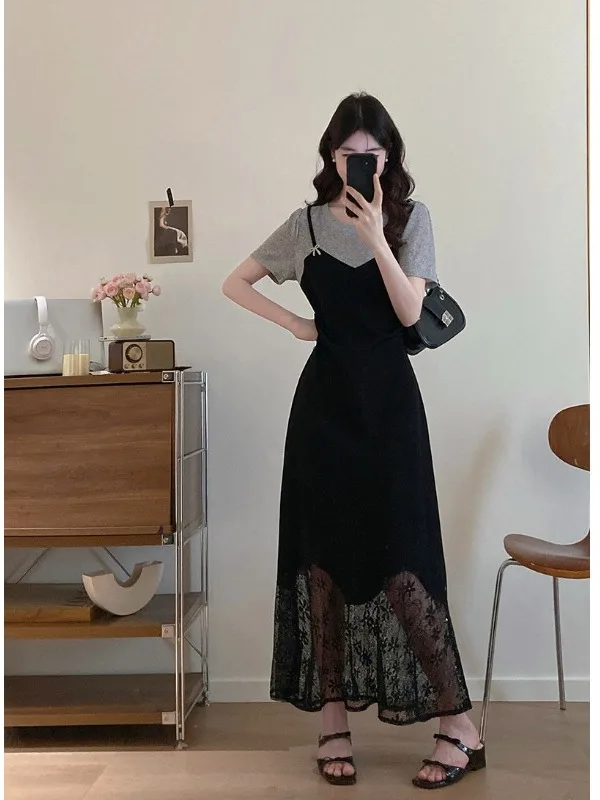 

plus Size Women's Lace Splice A-Line Long Dress High Waist Short Sleeve Korean Style Commute Fashion Summer New Arrival