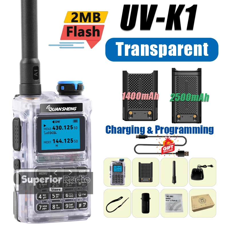 Rádio Walkie Talkie Quansheng UV-K1 Transparente Mini Kong com Memória de 2MB, Bateria de 1400/2500mAh, AM/FM Multibanda, Programação Tipo-C, NOAA, Rádio Bidirecional