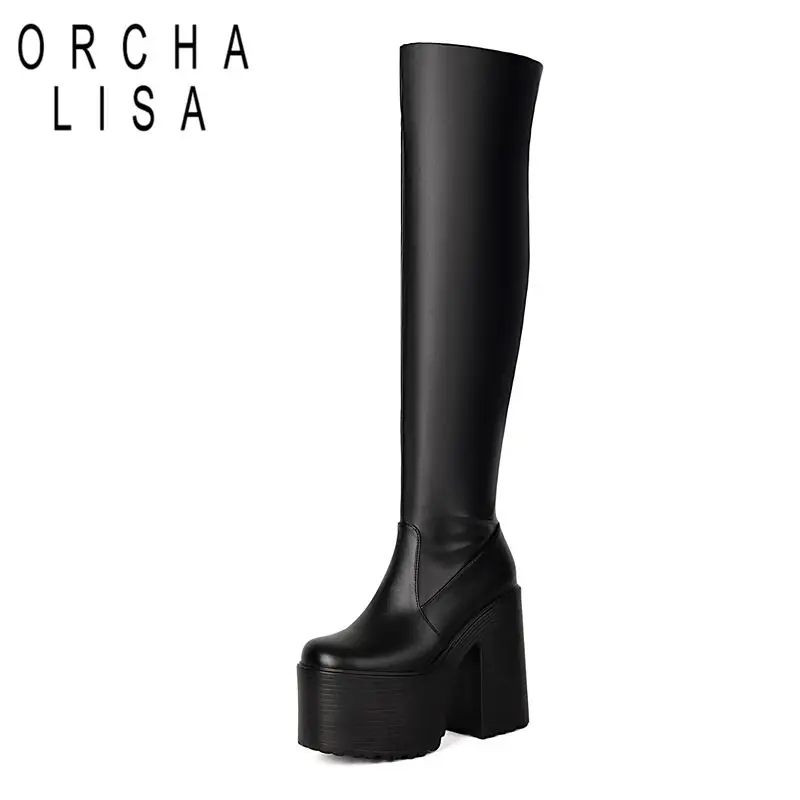 

ORCHA LISA 2025 Sexy Women Thigh Boots Round Toe Chunky Heels 13.5cm Platform 7.5cm Zipper Party Over Knee High Booties 41 42 43