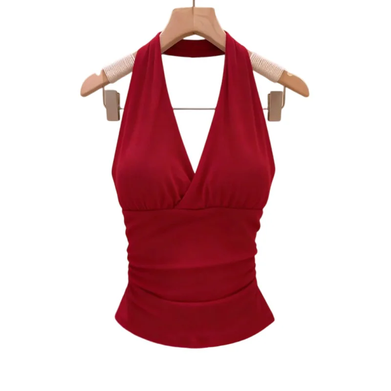 Retro Hong Kong Style Red Neck Hanging Strap Vest Women Low Neck V-neck Waist Inward Sexy Back Exposure Top Casual Wear