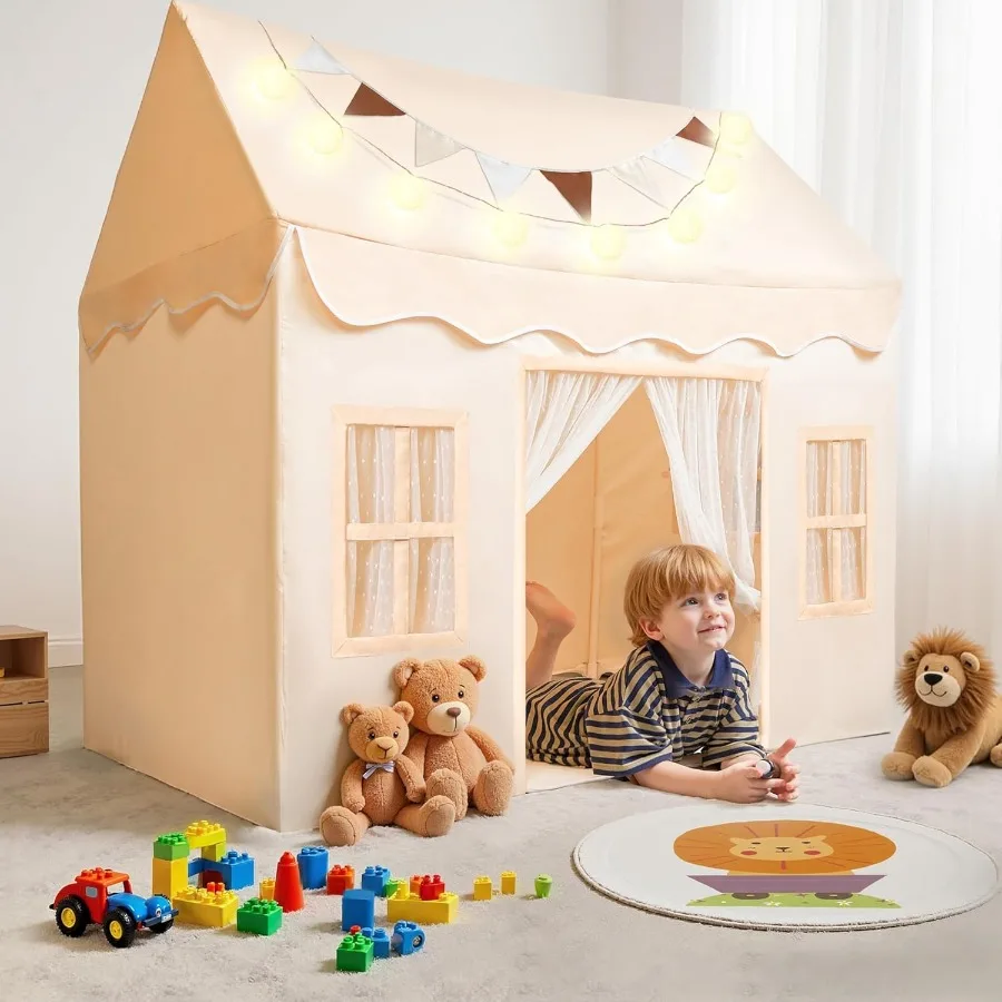 

SYNCFUN Play Tent for Indoor Outdoor with Blanket LED Lights Flags Spacious 513552 Inch Playhouse for Toddlers Ages 3-7 Blue Re