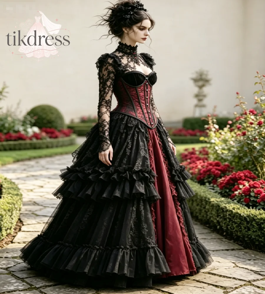 Burgundy Black Gothic Victorian Wedding Dress Renaissance Medieval Lace Long Sleeve Corset Bodice Tiered Ruffle Bridal Gowns