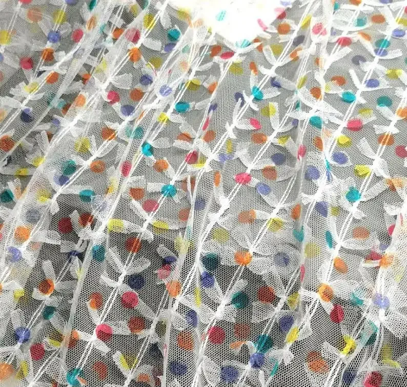 

Красочная кружевная ткань в горошек с бабочкой и цветочной вышивкой, тюль цвета слоновой кости для свадебного платья, детского платья, платье для девочек 1 ярд