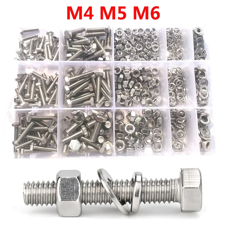 510pcs/Set External Hex Bolt Hexagon Head Screws with Nuts Washers M4 M5 M6 304 Stainless Steel Hexagon Head Bolt and Nuts Kit