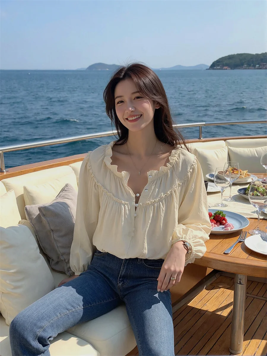 قمصان نسائية كم طويل فانوس المشمش Y2K أزياء الشارع الجمالية نمط بسيط أساسي الحد الأدنى زر الجبهة البلوزات القطنية