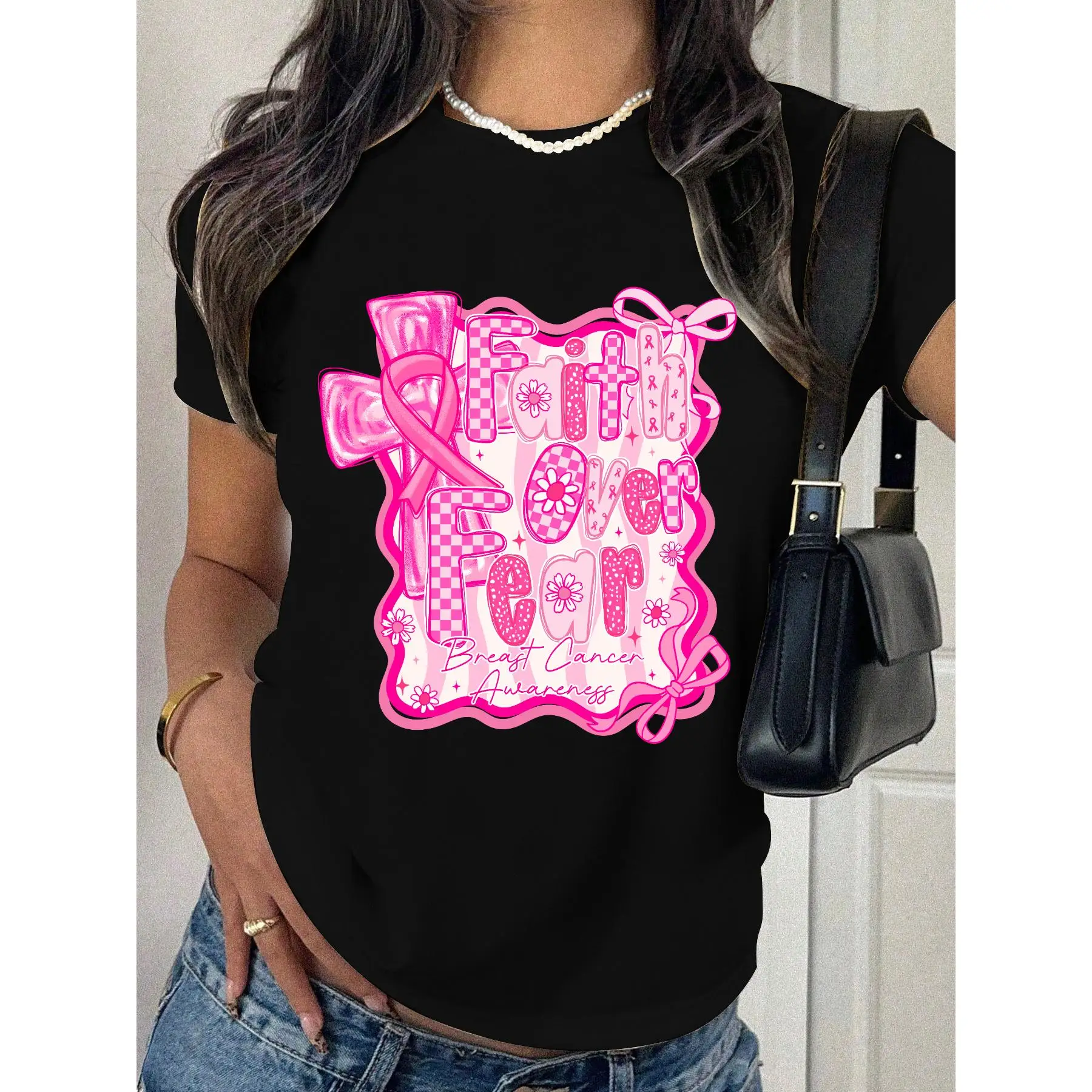 

Faith Over Fear T-shirt Women Pink Ribbon Breast Cancer Awareness Graphic Tee Cancer Fighter Gift