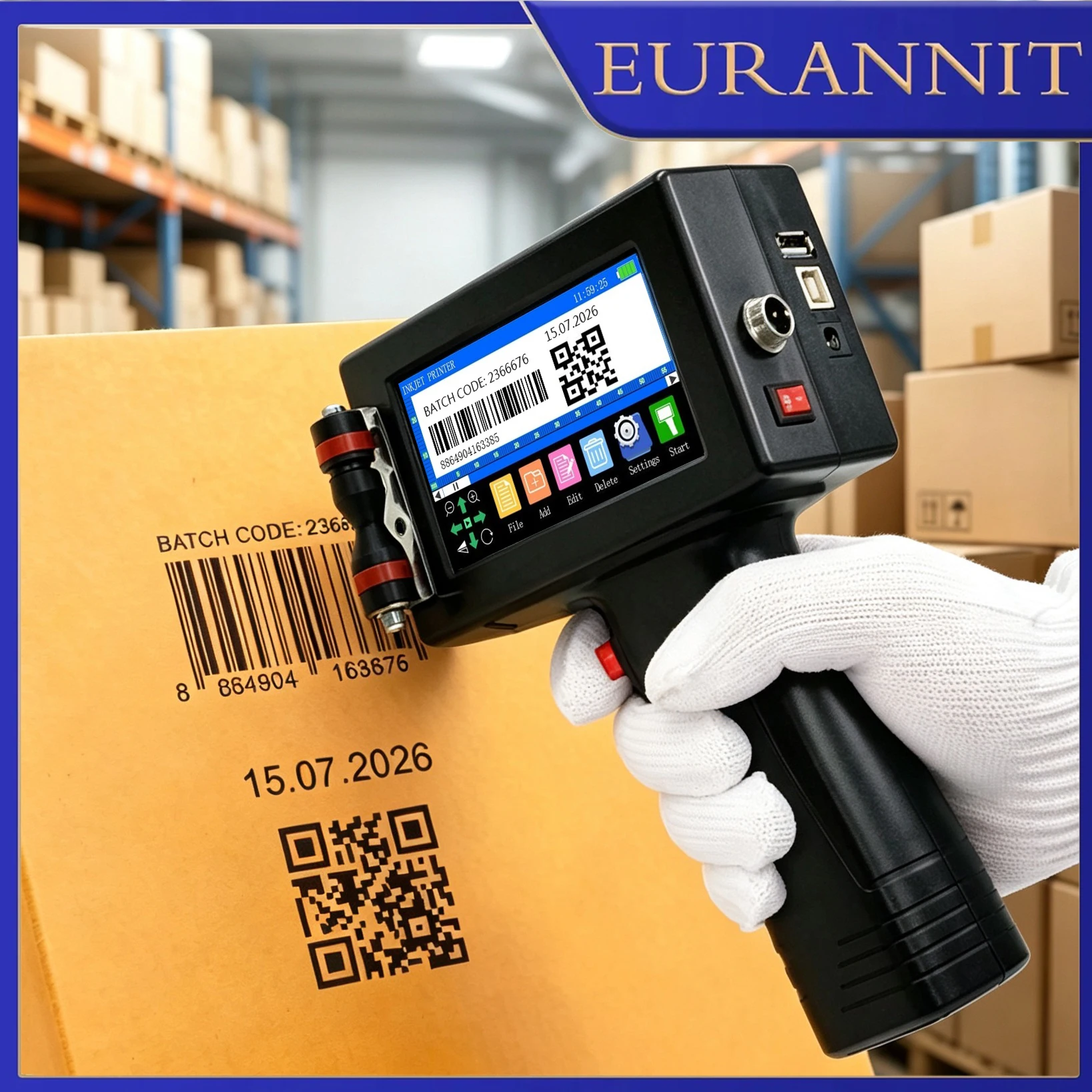 EURANNIT 12.7mm Portable Handheld Inkjet Printer for Logo QR Barcode Batch Number Image Label Expire Date TIJ Coding Machine