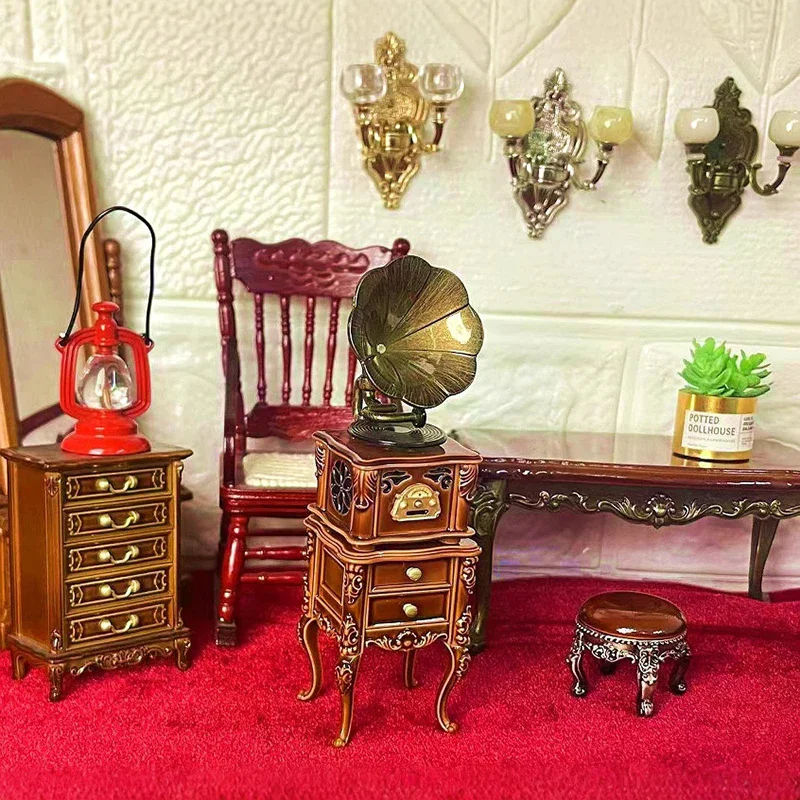 2 unids/set 1:12 casa de muñecas en miniatura Retro Mini conjunto de gabinete de fonógrafo puede tocar canciones muñeca hogar sala de estar muebles decoración juguete