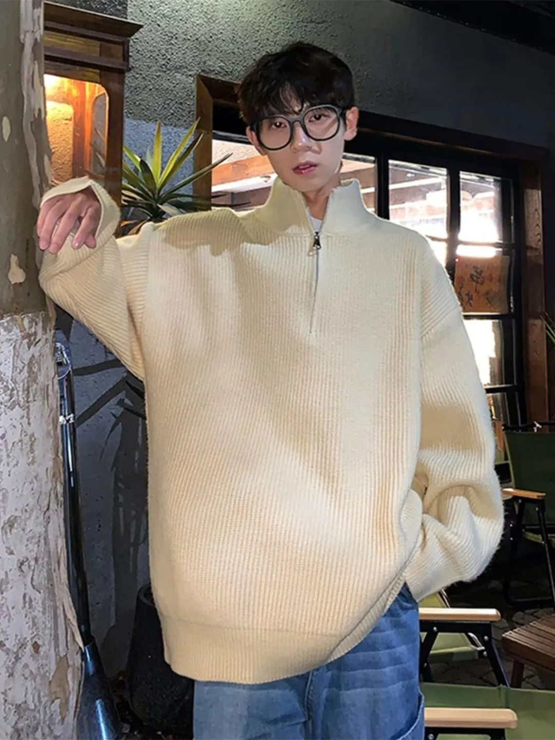 

Мужской трикотаж свободного кроя на молнии, однотонный, в корейском стиле, повседневный, с длинным рукавом, для осени и зимы