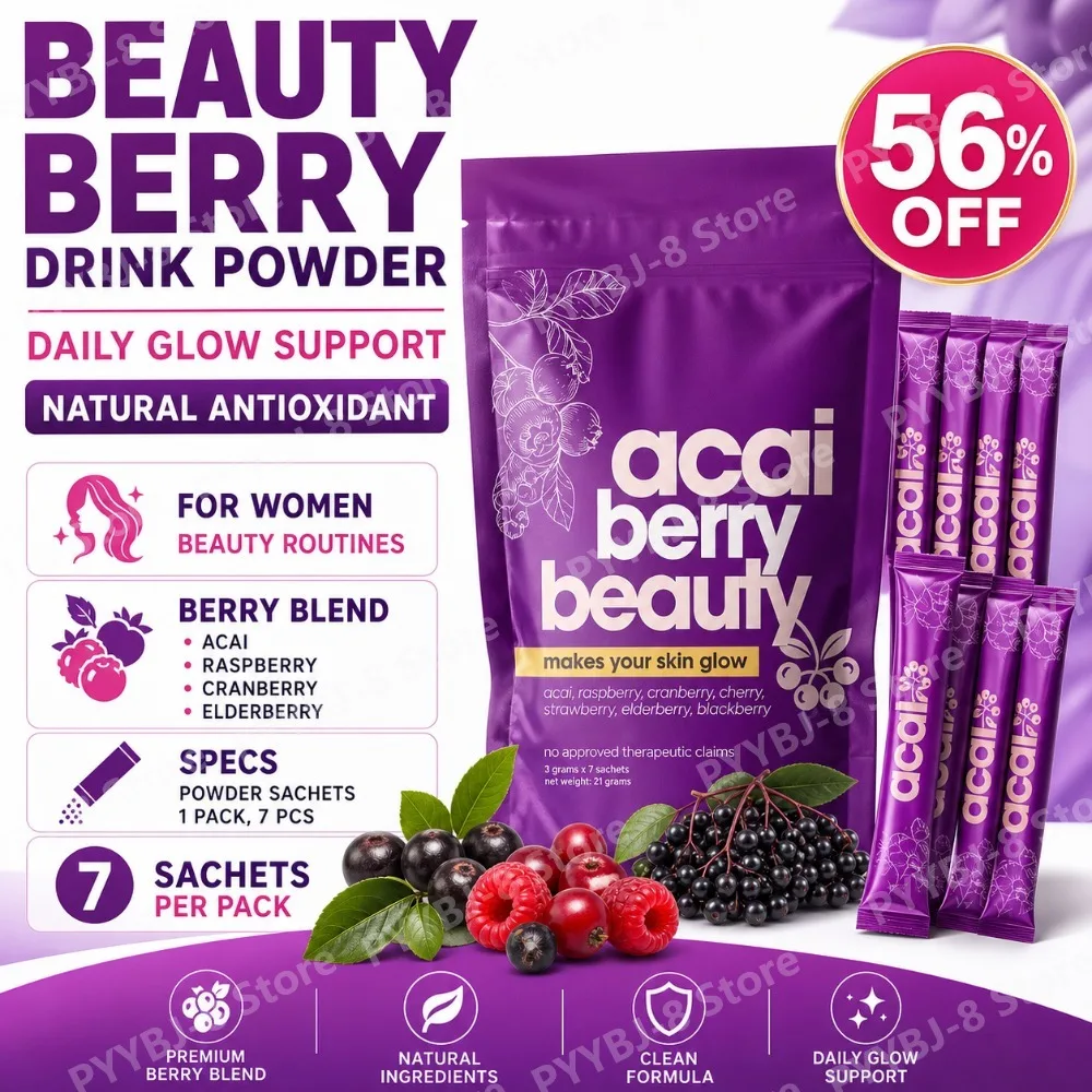 Beauty Berry Drink Powder for Daily Glow Support | Acai Raspberry Cranberry Elderberry Blend | 7 Sachets | Natural Antioxidant