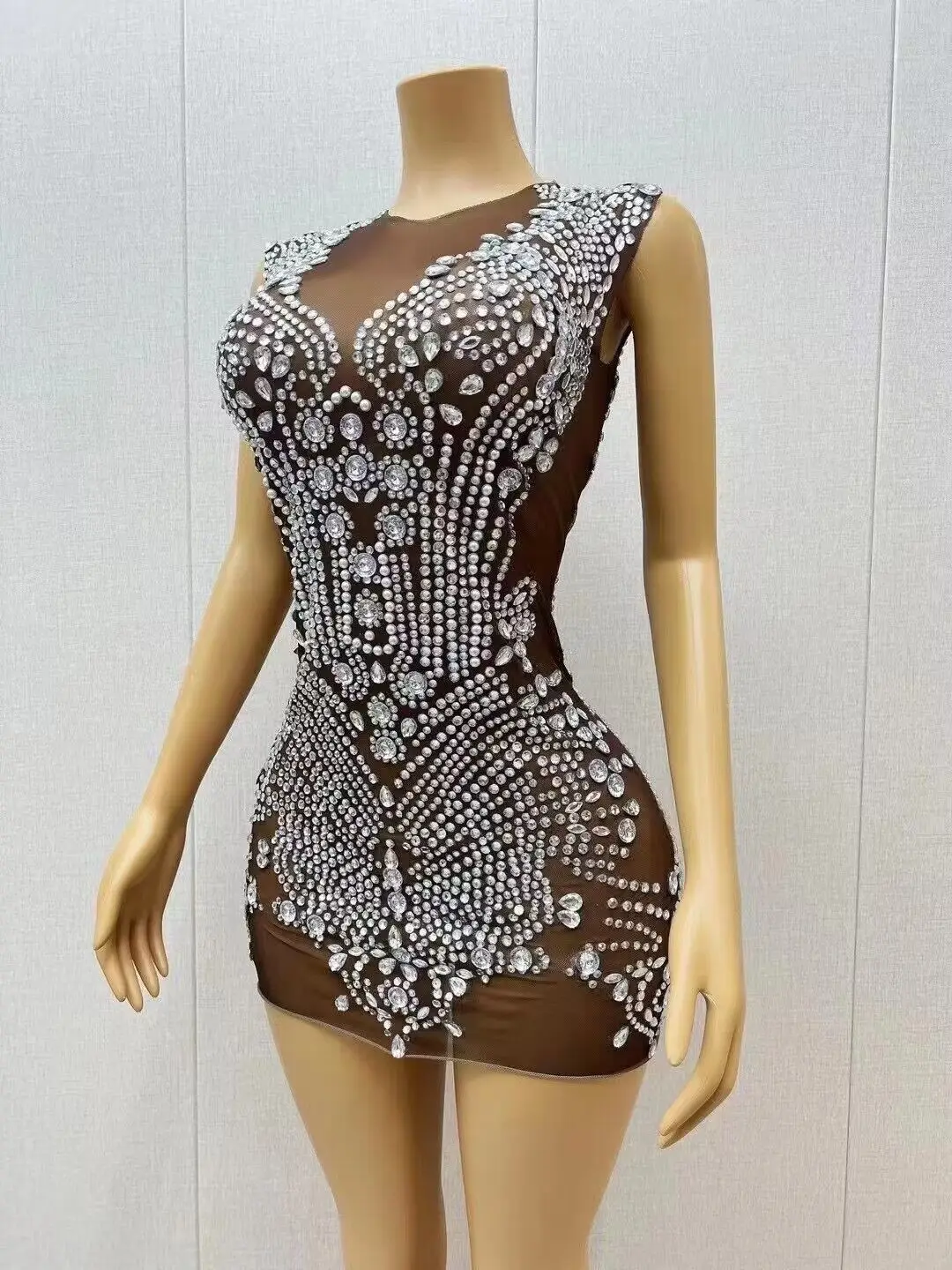 Silver Crystals Birthday Sexy Brown Dress Evening Celebrate Transparent Mesh Stage  See Through Performance Sleeveless Outfit