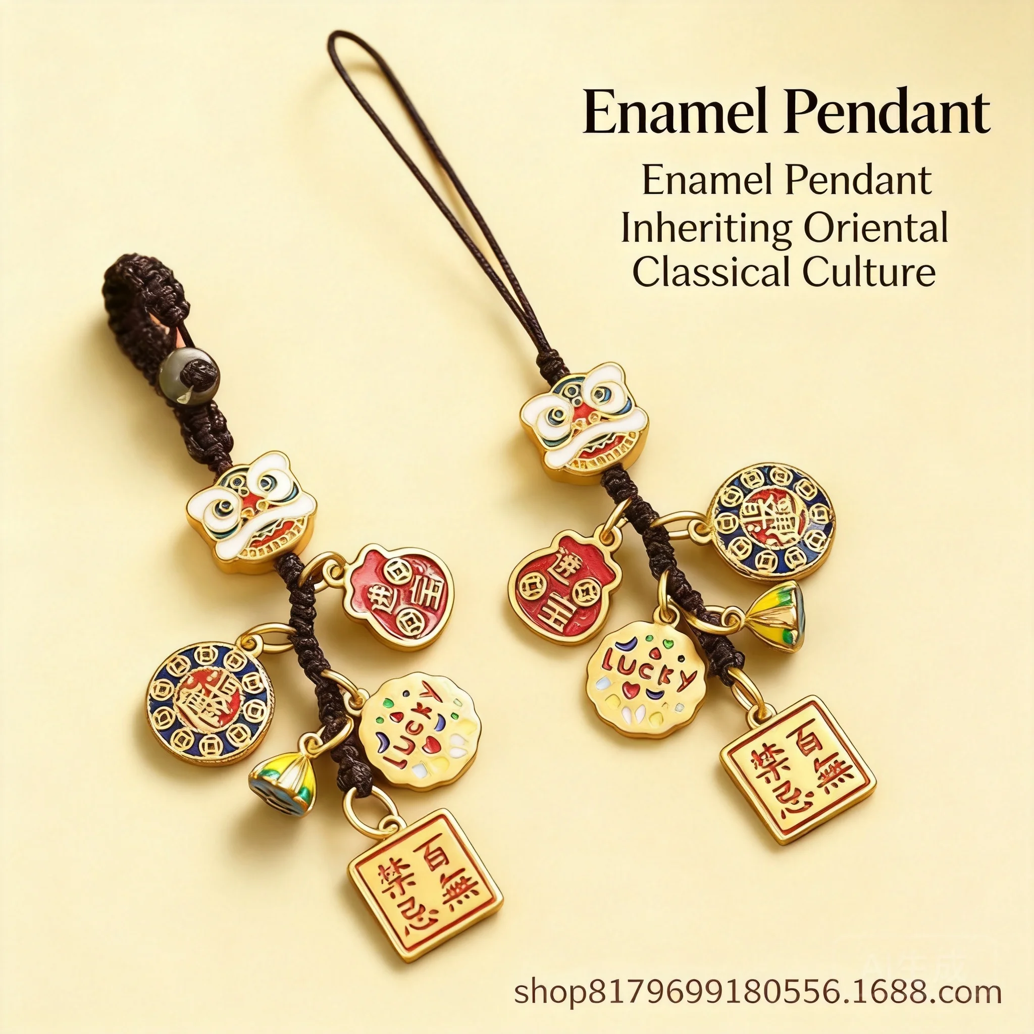 

Chinese Style Lucky Enamel Lion Dance Caishen Keychain Pendant Retro Gold Plated Blessing Wealth Good Fortune Car Bag Phone Hang