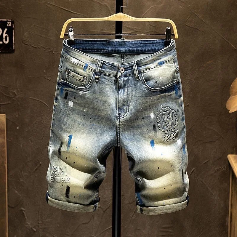 

Summer New Fashion Trend Printed Elastic Straight Leg Denim Shorts For Men's Casual Loose Sports High-Quality Shorts 28-36