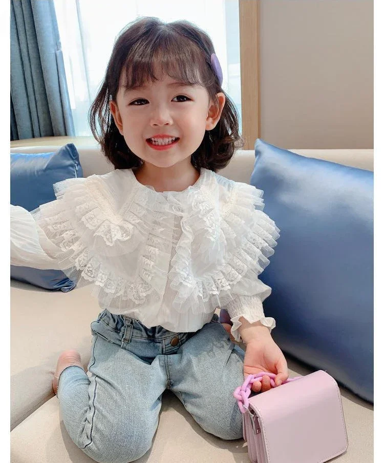 Korean Baby Girls Elegant Blouses 2023 Spring Long Sleeve Children Tops Autumn Lace Ruffles Cute Kids Shirts Clothes