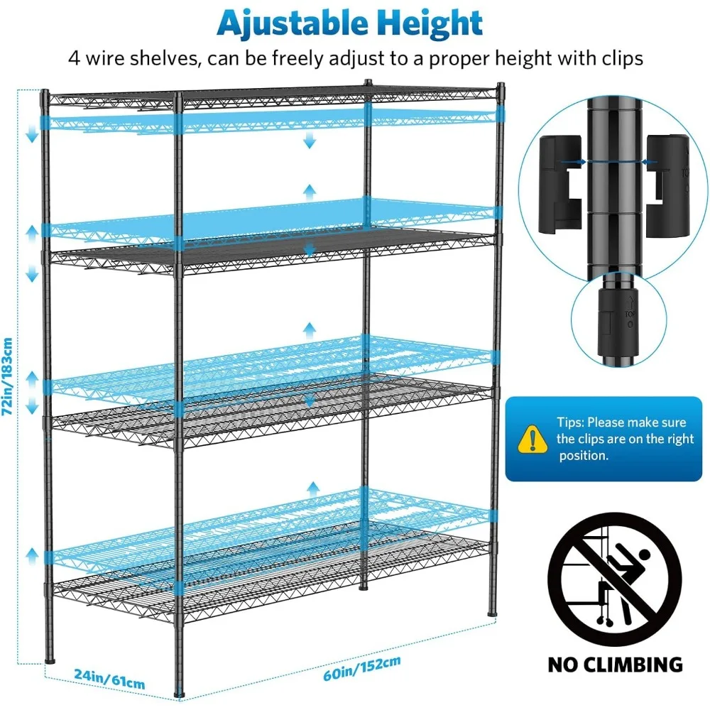 Wire Shelving, 2000 Lbs Heavy Duty 60x24x72 Inch Shelving Metal Shelves with 4" Wheels, 4-Tier Storage Utility Rack