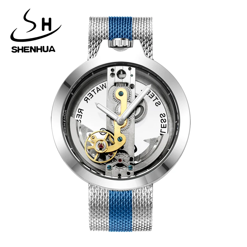 SHENHUA Transparent Men Skeleton Automatic Mechanical Watch Stainless Steel Mesh Belt Waterproof Luminous pointer Watches