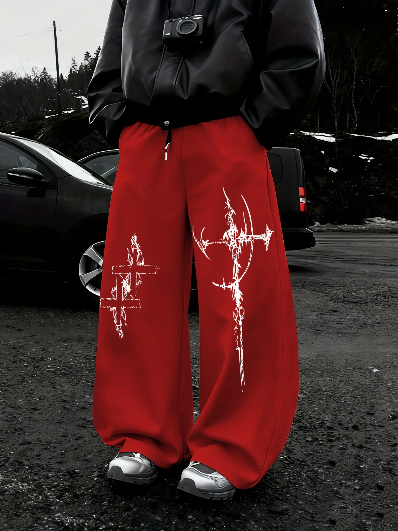 Herren Gothic Vertikale Grafik Weite Jogginghose mit Kordelzug Lose Gerade Baggy Y2K Dark Punk Streetwear Hose – Detail 3