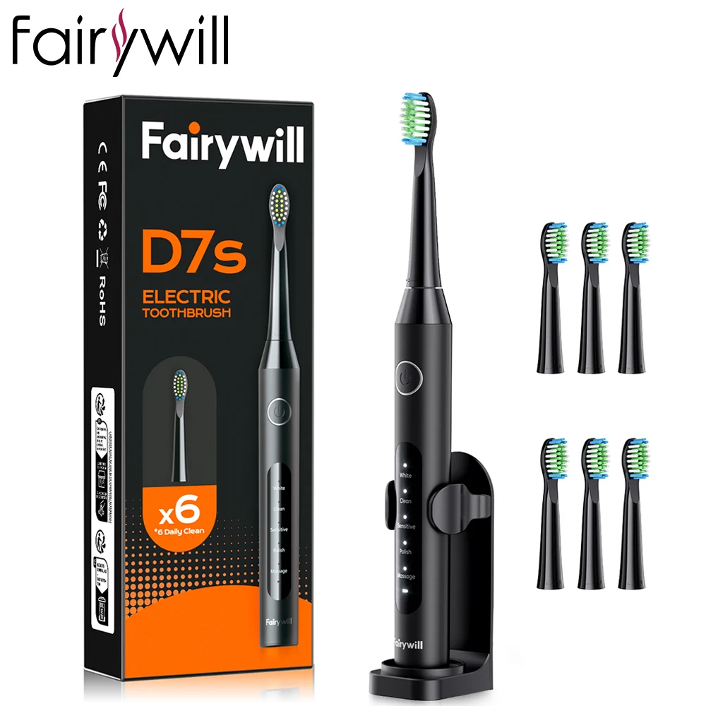 Fairywill Elektrische Schallzahnbürste FW-507 USB-Aufladung Wiederaufladbare Wasserdichte Elektronische Zahnbürste für Erwachsene Ersatzbürstenköpfe 8