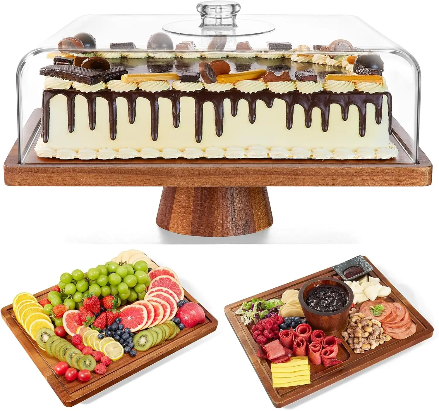 

Large Rectangular Acacia Wood Cake Stand with Lid, 2-in-1 Display Set & Charcuterie Board, Shatterproof Acrylic Dome Cover